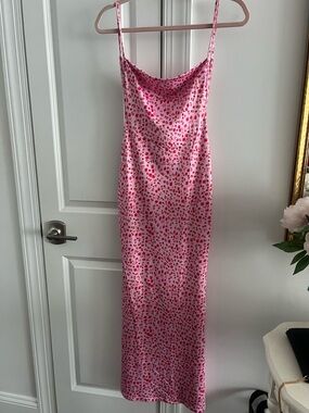 Pink Backless Slip Dress with Red Flower Print